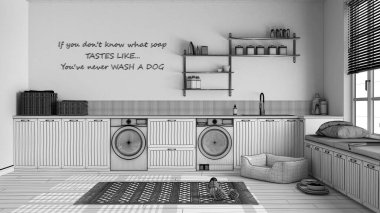 Tamamlanmamış proje taslağı, hayvan dostu çamaşır odası, evcil hayvanlara ayrılmış alan, soyunma odası. Aksesuar ve aletlerle dolu dolaplar ve raflar. Köpek yatağı, halı ve oyuncaklar. İç tasarım