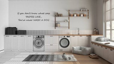 Mimari iç mimar konsepti: elle çizilmiş tamamlanmamış proje gerçeğe dönüşüyor, hayvan dostu çamaşır odası, evcil hayvanlara ayrılmış alan, vestiyer. Dolaplar, raflar, köpek yatağı.