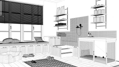 Proje taslağı, evcil hayvan dostu İskandinav çamur odası, çamaşır odası, merdivenli köpek banyosu, köpek yatağı ve halısı olan yer, kase, bank ile pencere. İç tasarım