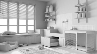 Tamamen beyaz proje taslak, hayvan dostu İskandinav çamur odası, çamaşır odası, merdivenli köpek banyosu, köpek yatağı, halı, kase, bank ile pencere. İç tasarım