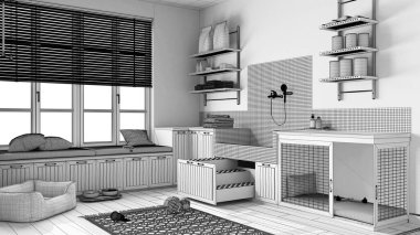 Bitmemiş proje taslağı, hayvan dostu İskandinav çamur odası, çamaşır odası, merdivenli köpek banyosu, köpek yatağı, halı, kase, bank ile pencere. İç tasarım