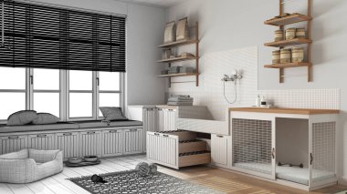 Mimari iç mimar konsepti: gerçek hale gelen el yapımı taslak proje, hayvan dostu çamur odası, merdivenli köpek banyosu banyosu, köpek yatağı, pencere