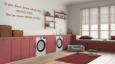 Evcil hayvan dostu çamaşır odası, evcil hayvanlara ayrılmış bir yer, ahşap ve kırmızı tonlu bir oda. Çamaşır makinesi ve kurutuculu dolaplar ve raflar. Köpek yatağı, halı ve oyuncaklar. İç tasarım