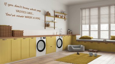 Evcil hayvan dostu çamaşır odası, evcil hayvanlara ayrılmış alan, ahşap ve sarı tonlu çamur odası. Çamaşır makinesi ve kurutuculu dolaplar ve raflar. Köpek yatağı, halı ve oyuncaklar. İç tasarım