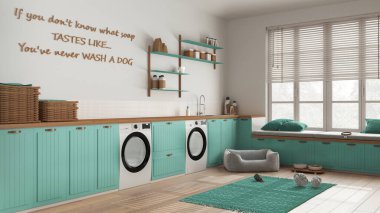 Evcil hayvan dostu çamaşır odası, evcil hayvanlara ayrılmış bir yer, ahşap ve turkuaz tonlarda bir oda. Çamaşır makinesi ve kurutuculu dolaplar ve raflar. Köpek yatağı, halı ve oyuncaklar. İç tasarım