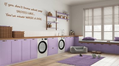 Evcil hayvan dostu çamaşır odası, evcil hayvanlara ayrılmış alan, ahşap ve mor tonlarda çamur odası. Çamaşır makinesi ve kurutuculu dolaplar ve raflar. Köpek yatağı, halı ve oyuncaklar. İç tasarım