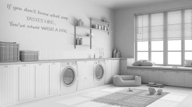 Tamamen beyaz proje taslağı, evcil hayvan dostu çamaşır odası, evcil hayvanlara ayrılmış bir yer, dinlenme odası. Çamaşır makinesi ve kurutuculu dolaplar ve raflar. Köpek yatağı, halı ve oyuncaklar. İç tasarım