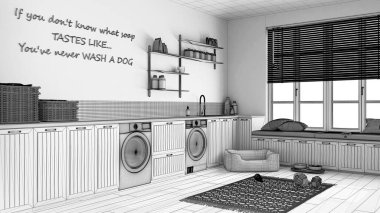 Tamamlanmamış proje taslağı, hayvan dostu çamaşır odası, evcil hayvanlara ayrılmış alan, soyunma odası. Çamaşır makinesi ve kurutuculu dolaplar ve raflar. Köpek yatağı, halı ve oyuncaklar. İç tasarım