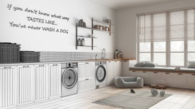 Mimari iç mimar konsepti: elle çizilmiş tamamlanmamış proje gerçeğe dönüşüyor, hayvan dostu çamaşır odası, evcil hayvanlara ayrılmış alan, vestiyer. Dolaplar, raflar, köpek yatağı.