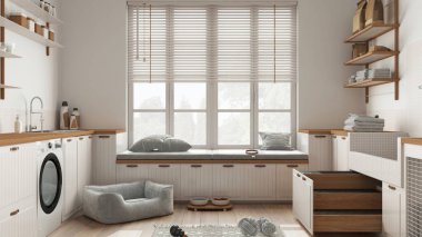 Evcil hayvan, İskandinav çamaşır odası, penceresi ve kanepesi olan ahşap ve beyaz çamur, köpek yatağı, merdivenli köpek banyosu, aksesuarlar, yiyecek dolu raflar. İç tasarım