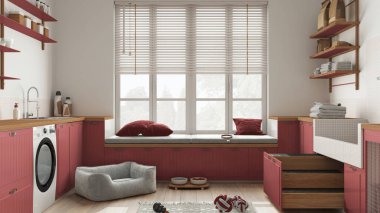 Evcil hayvan, İskandinav çamaşır odası, penceresi ve kanepesi olan ahşap ve kırmızı çamur, köpek yatağı, merdivenli köpek banyosu, aksesuarlar, yiyecek dolu raflar. İç tasarım