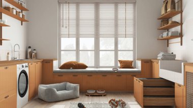 Evcil hayvan, İskandinav çamaşır odası, penceresi ve kanepesi olan ahşap ve turuncu oda, köpek yatağı, merdivenli köpek banyosu, aksesuarlar, yiyecek dolu raflar. İç tasarım