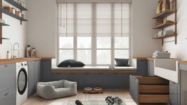 Evcil hayvan odası, İskandinav çamaşır odası, penceresi ve kanepesi olan ahşap ve gri oda, köpek yatağı, merdivenli köpek banyosu, aksesuarlar, yiyecek dolu raflar. İç tasarım