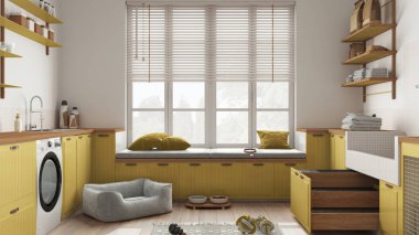 Evcil hayvan, İskandinav çamaşır odası, penceresi ve kanepesi olan ahşap ve sarı çamurluk, köpek yatağı, merdivenli köpek banyosu, aksesuarlar, yiyecek dolu raflar. İç tasarım