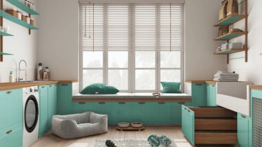 Evcil hayvan, İskandinav çamaşır odası, pencereli ve kanepeli ahşap ve turkuaz çamurluk, köpek yatağı, merdivenli köpek banyosu, aksesuarlar, yiyecekli raflar. İç tasarım