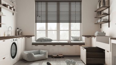 Evcil hayvan, İskandinav çamaşır odası, penceresi ve kanepesi olan ahşap ve karanlık çamur, köpek yatağı, merdivenli köpek banyosu, aksesuarlar, yiyecek dolu raflar. İç tasarım