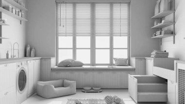 Tamamen beyaz proje taslağı, evcil hayvana ayrılmış alan, İskandinav çamaşırhanesi, pencereli ve kanepeli oda, köpek yatağı, merdivenli köpek banyosu, aksesuarlar, raflar. İç tasarım