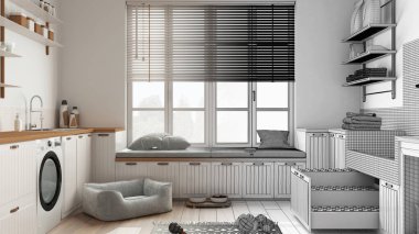 Mimari iç mimar konsepti: elle çizilmiş tamamlanmamış proje, evcil hayvana ayrılmış alan, çamaşır odası, köpek yatağı, merdivenli köpek banyosu, aksesuarlar