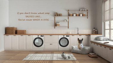Evcil hayvan dostu beyaz ve ahşap çamaşırhanede sevimli bir buldog köpek, köpek yataklı bir vestiyer, evcil hayvanlara ayrılmış bir yer, raflar ve eşyalar, parke zemin, oyuncaklarla kaplı bir şapka. İç tasarım
