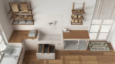 Evcil hayvan dostu İskandinav beyazı ve ahşap çamur odası, çamaşır odası, merdivenli köpek banyosu, kapısı olan köpek yatağı, yastıklı büyük pencere. Üst manzara, yukarıda. İç tasarım