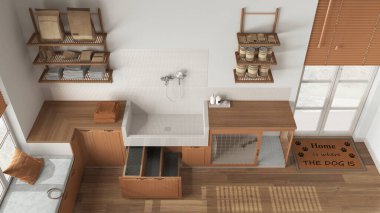 Evcil hayvan dostu İskandinav portakalı ve ahşap çamur odası, çamaşır odası, merdivenli köpek banyosu, kapısı olan köpek yatağı, yastıklı büyük pencere. Üst manzara, yukarıda. İç tasarım