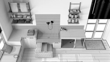 Bitmemiş proje taslağı, hayvan dostu İskandinav çamur odası, çamaşır odası, merdivenli köpek banyosu, kapısı olan köpek yatağı, pencere. Üst manzara, yukarıda. İç tasarım