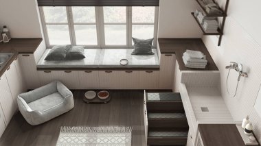 Mudroom, İskandinav çamaşır odası, pencere ve kanepeli evcil hayvana adanmış ahşap ve karanlık alan, köpek yatağı, merdivenli köpek banyosu, aksesuarlar. Üst görünüm, yukarıda, iç tasarım