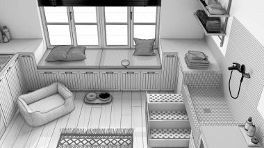 Bitmemiş proje taslağı, mantar odası, İskandinav çamaşırhanesi pencere ve kanepeli evcil hayvana ayrılmış alan, köpek yatağı, merdivenli köpek banyosu. Üst görünüm, yukarıda, iç tasarım