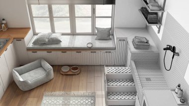 Mimari iç mimar konsepti: gerçek hale gelen el yapımı taslak proje, çamur odası, çamaşır odası, pencere ve kanepe, köpek banyosu, merdiven. Üst görünüm, yukarıda