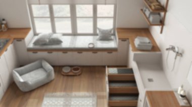 Bulanık arka plan, mantar odası, İskandinav çamaşırhanesi pencere ve kanepeli evcil hayvana ayrılmış alan, köpek yatağı, merdivenli köpek banyosu, aksesuarlar. Üst görünüm, yukarıda, iç tasarım