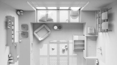 Tamamen beyaz proje taslağı, evcil hayvan dostu modern çamaşır odası, dolaplı ve teçhizatlı bir oda. Köpek banyosu, merdiven, köpek yatağı. Manzara, plan, yukarısı. İç tasarım fikri