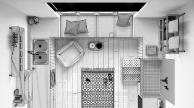 Tamamlanmamış proje taslağı, evcil hayvan dostu modern çamaşır odası, dolaplı ve teçhizatlı oda. Köpek banyosu, merdiven, köpek yatağı. Manzara, plan, yukarısı. İç tasarım fikri