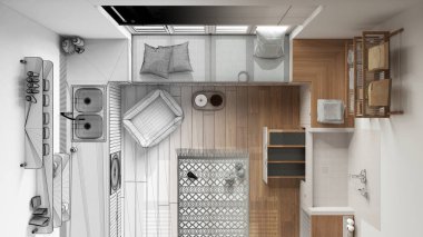 Mimar iç mimar konsepti: elle çizilmiş tamamlanmamış proje gerçek hale geliyor, hayvan dostu çamaşır odası. Köpek banyosu, köpek yatağı. Manzara, plan, yukarısı. İç tasarım