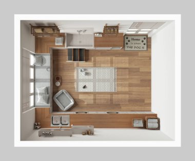 Evcil hayvan dostu modern beyaz ve ahşap çamaşır odası dolaplı, raflı ve teçhizatlı oda. Merdivenli köpek banyosu, köpek yatağı, halı. Manzara, plan, yukarısı. İç tasarım