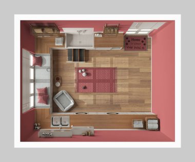 Evcil hayvan dostu modern kırmızı ve ahşap çamaşır odası, dolapları, rafları ve ekipmanları olan oda. Merdivenli köpek banyosu, köpek yatağı, halı. Manzara, plan, yukarısı. İç tasarım