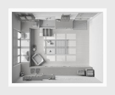 Tamamen beyaz proje taslağı, evcil hayvan dostu modern çamaşır odası, dolapları, rafları ve ekipmanları olan bir oda. Merdivenli köpek banyosu, köpek yatağı. Manzara, plan, yukarısı. İç tasarım