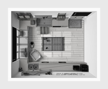 Tamamlanmamış proje taslağı, evcil hayvan dostu modern çamaşır odası dolapları, rafları ve ekipmanları olan bir oda. Merdivenli köpek banyosu, köpek yatağı. Manzara, plan, yukarısı. İç tasarım