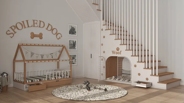 Dog room interior design, cozy space devoted to pets in white and wooden tones. Staircase decorated with prints, kennel with gate, dog bed with pillows, carpet with toys and balls