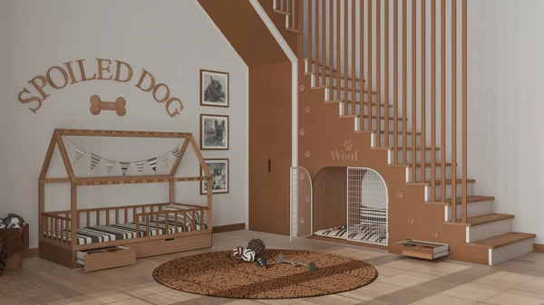 Dog room interior design, cozy space devoted to pets in orange and wooden tones. Staircase decorated with prints, kennel with gate, dog bed with pillows, carpet with toys and balls