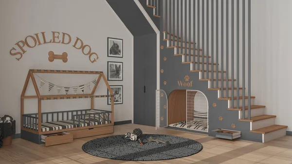 Dog room interior design, cozy space devoted to pets in gray and wooden tones. Staircase decorated with prints, kennel with gate, dog bed with pillows, carpet with toys and balls