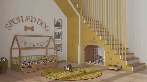 Köpek odasının iç tasarımı, sarı ve ahşap tonlarda evcil hayvanlara ayrılmış rahat bir yer. Merdivenler parmak izleriyle süslenmiş, köpek kulübesi kapılı, köpek yatağı yastıklı, halı oyuncaklar ve toplarla süslenmiş.