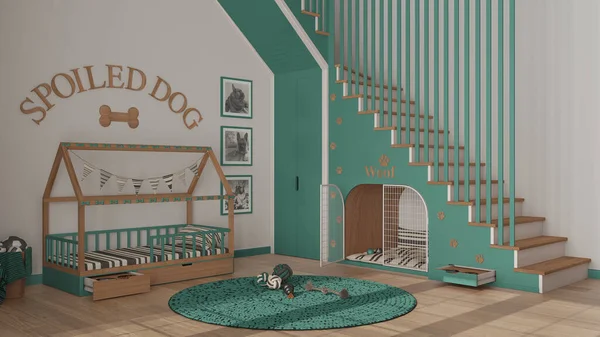 Köpek odasının iç tasarımı, turkuaz ve ahşap tonlarda evcil hayvanlara ayrılmış rahat bir yer. Merdivenler parmak izleriyle süslenmiş, köpek kulübesi kapılı, köpek yatağı yastıklı, halı oyuncaklar ve toplarla süslenmiş.