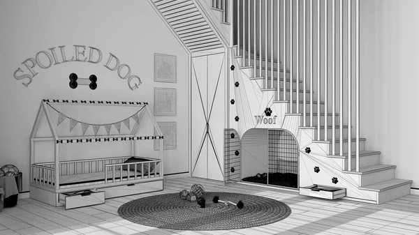 Tamamlanmamış proje taslağı, köpek odası iç tasarımı, evcil hayvanlara ayrılmış rahat bir yer. Merdivenler parmak izleriyle süslenmiş, köpek kulübesi kapılı, köpek yatağı yastıklı, halı oyuncaklar ve toplarla süslenmiş.
