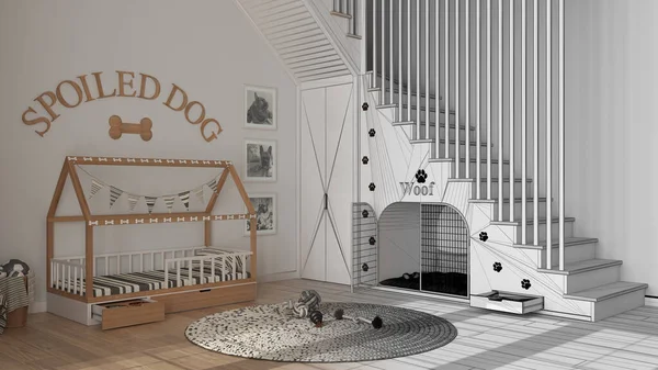 Architect interior designer concept: hand-drawn draft unfinished project that becomes real, dog room, space devoted to pets. Staircase, kennel, dog bed with pillows, carpet with toys