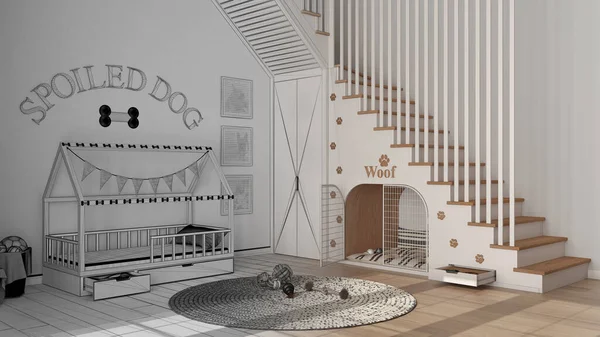 Mimar iç mimar konsepti: elle çizilmiş tamamlanmamış proje, köpek odası, evcil hayvanlara ayrılmış alan. Merdiven, kulübe, yastıklı köpek yatağı, oyuncaklı halı.
