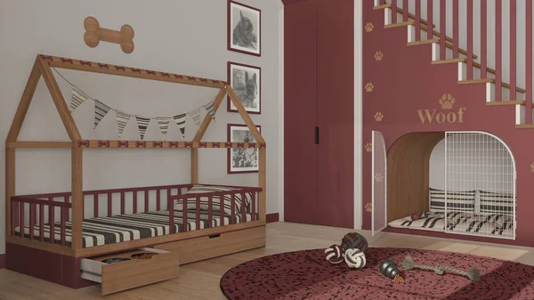 Kırmızı ve ahşap tonlu evcil hayvanlara adanmış modern alan, köpek odası iç tasarım fikri. Merdivenler parmak izleriyle süslenmiş, köpek kulübesi kapılı, köpek yatağı yastıklı, halı ve oyuncaklarla dolu.
