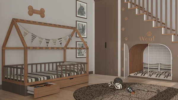 Evcil hayvanlara tahtadan ahşap tonlar ve köpek odası iç tasarım fikrine adanmış modern alan. Merdivenler parmak izleriyle süslenmiş, köpek kulübesi kapılı, köpek yatağı yastıklı, halı ve oyuncaklarla dolu.