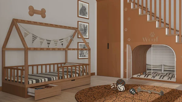 Turuncu ve ahşap tonlu evcil hayvanlara adanmış modern alan, köpek odası iç tasarım fikri. Merdivenler parmak izleriyle süslenmiş, köpek kulübesi kapılı, köpek yatağı yastıklı, halı ve oyuncaklarla dolu.