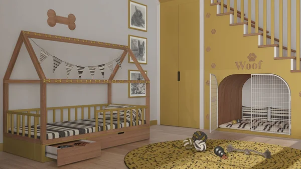 Modern alan sarı ve ahşap tonlu evcil hayvanlara adanmıştır, köpek odası iç tasarım fikri. Merdivenler parmak izleriyle süslenmiş, köpek kulübesi kapılı, köpek yatağı yastıklı, halı ve oyuncaklarla dolu.