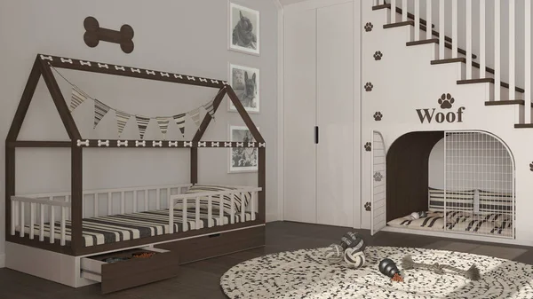 Karanlık ahşap tonlarda evcil hayvanlara adanmış modern alan, köpek odası iç tasarım fikri. Merdivenler parmak izleriyle süslenmiş, köpek kulübesi kapılı, köpek yatağı yastıklı, halı ve oyuncaklarla dolu.